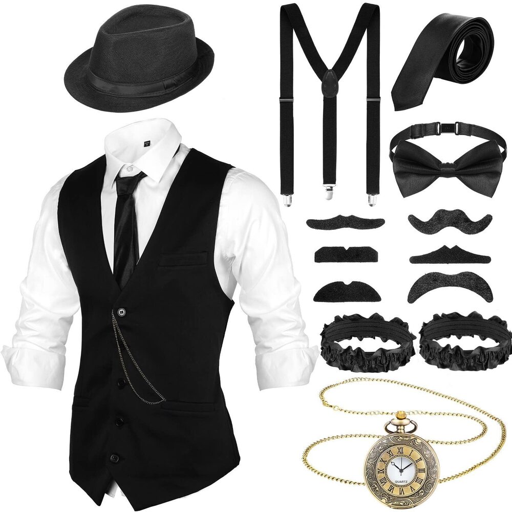 9158 1920s Costume Roaring Outfit with Gangster Vest Hat Pocket Watch